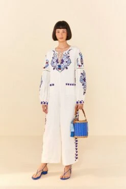 Farm Rio Off-White Navy Embroidered Jumpsuit -Colorful Wear Store 298397 02