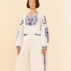 Farm Rio Off-White Navy Embroidered Jumpsuit