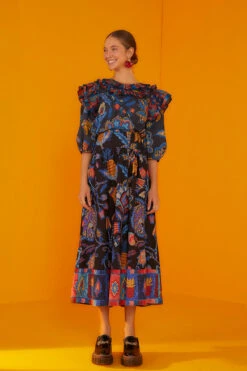 Farm Rio Black Sunset Tapestry Organic Cotton Midi Skirt