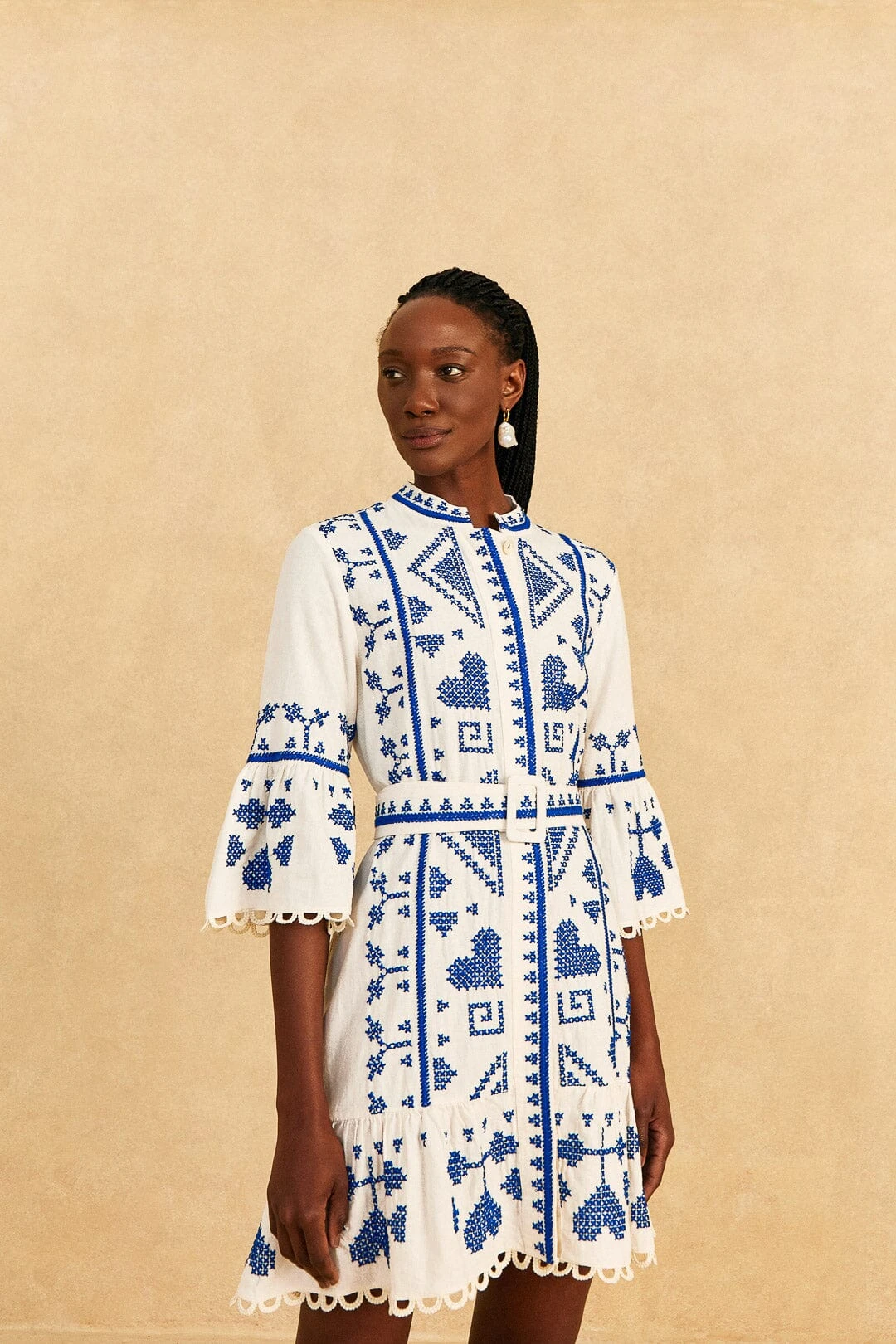 Farm Rio Blue And White Cross Stitch Mini Dress 2 Farm Rio Blue And White Cross Stitch Mini Dress - Image 2