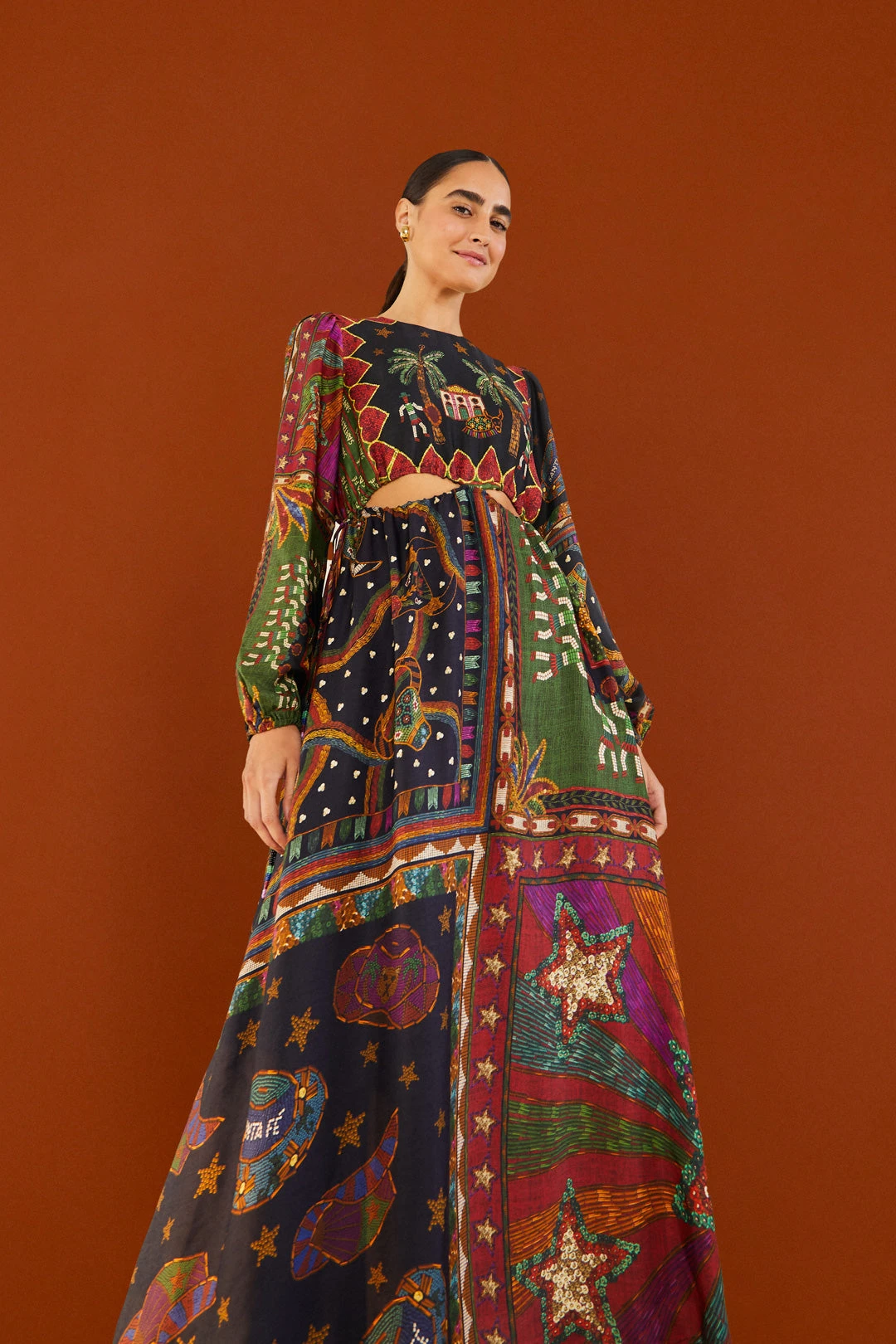 Farm Rio Shiny Mixed Scarves Cut Out Midi Dress 1 Farm Rio Shiny Mixed Scarves Cut Out Midi Dress