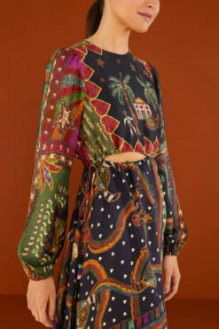 Farm Rio Shiny Mixed Scarves Cut Out Midi Dress 11 Farm Rio Shiny Mixed Scarves Cut Out Midi Dress -Colorful Wear Store 303802 03 1