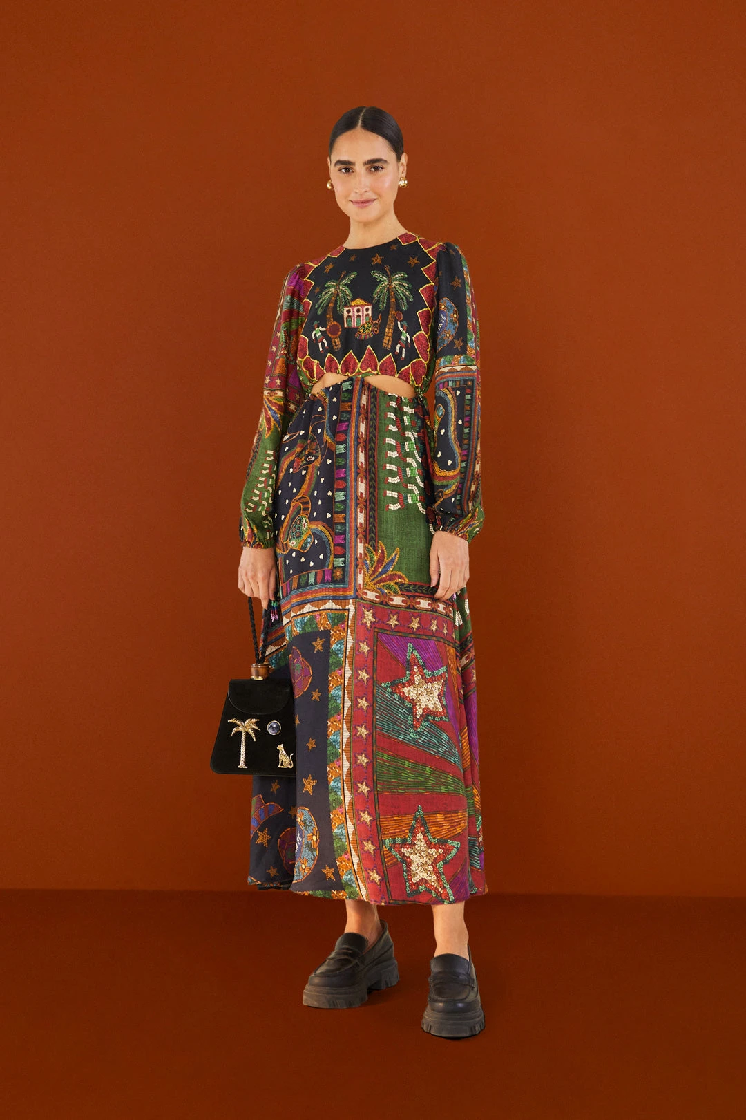 Farm Rio Shiny Mixed Scarves Cut Out Midi Dress 4 Farm Rio Shiny Mixed Scarves Cut Out Midi Dress - Image 4