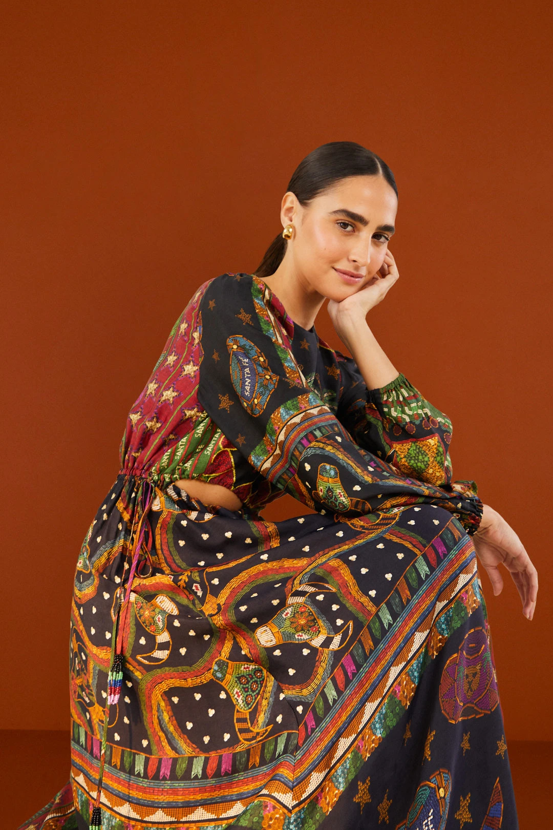 Farm Rio Shiny Mixed Scarves Cut Out Midi Dress 3 Farm Rio Shiny Mixed Scarves Cut Out Midi Dress - Image 3