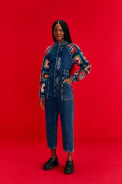 Farm Rio Crochet Squares Denim Jumpsuit