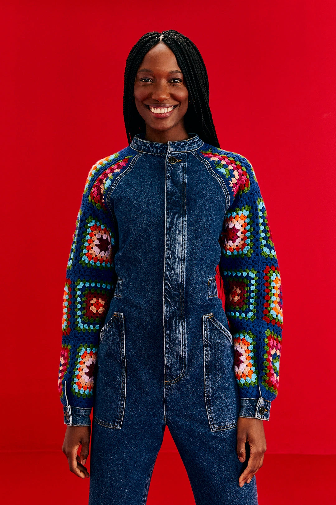 Farm Rio Crochet Squares Denim Jumpsuit 3 Farm Rio Crochet Squares Denim Jumpsuit - Image 3