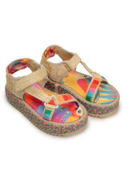 COLORFUL TOUCANS FLATFORM RAFFIA VELCRO SANDAL