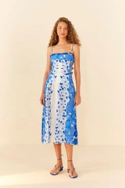 Farm Rio Blue Flower Stripes Midi Dress -Colorful Wear Store 305348 04