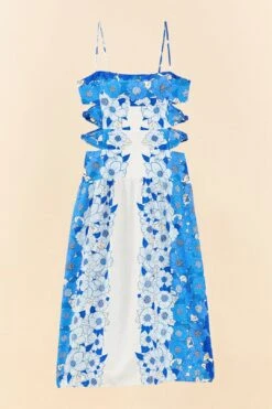 Farm Rio Blue Flower Stripes Midi Dress -Colorful Wear Store 305348 06