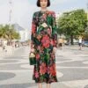 Farm Rio Black Blooming Garden Lenzing™ Ecovero™ Viscose Midi Dress