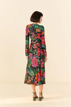 Farm Rio Black Blooming Garden Lenzing™ Ecovero™ Viscose Midi Dress -Colorful Wear Store 306067 04 1