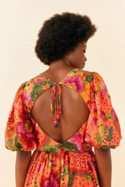 Farm Rio Orange Blooming Garden Midi Dress -Colorful Wear Store 306092 03