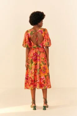 Farm Rio Orange Blooming Garden Midi Dress -Colorful Wear Store 306092 04