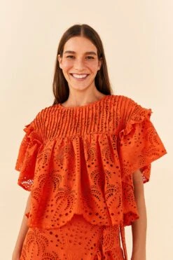 Farm Rio Orange Palm Tree Richelieu Blouse