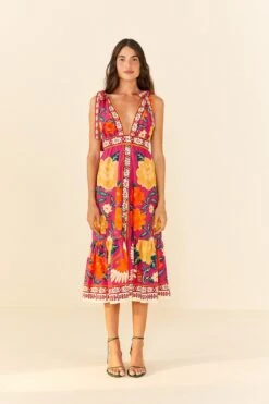 Farm Rio Pink Flower Tapestry Midi Dress
