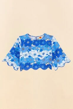 Farm Rio Blue Flower Stripes Crop Top -Colorful Wear Store 306302 06