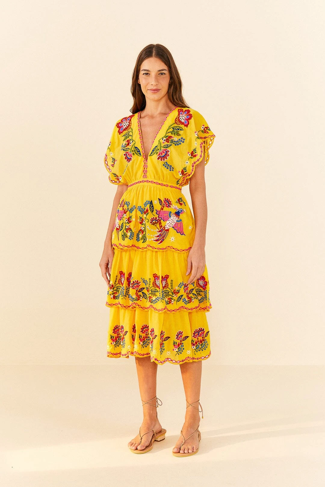 Farm Rio Yellow Embroidered Richelieu Midi Dress 1 Farm Rio Yellow Embroidered Richelieu Midi Dress