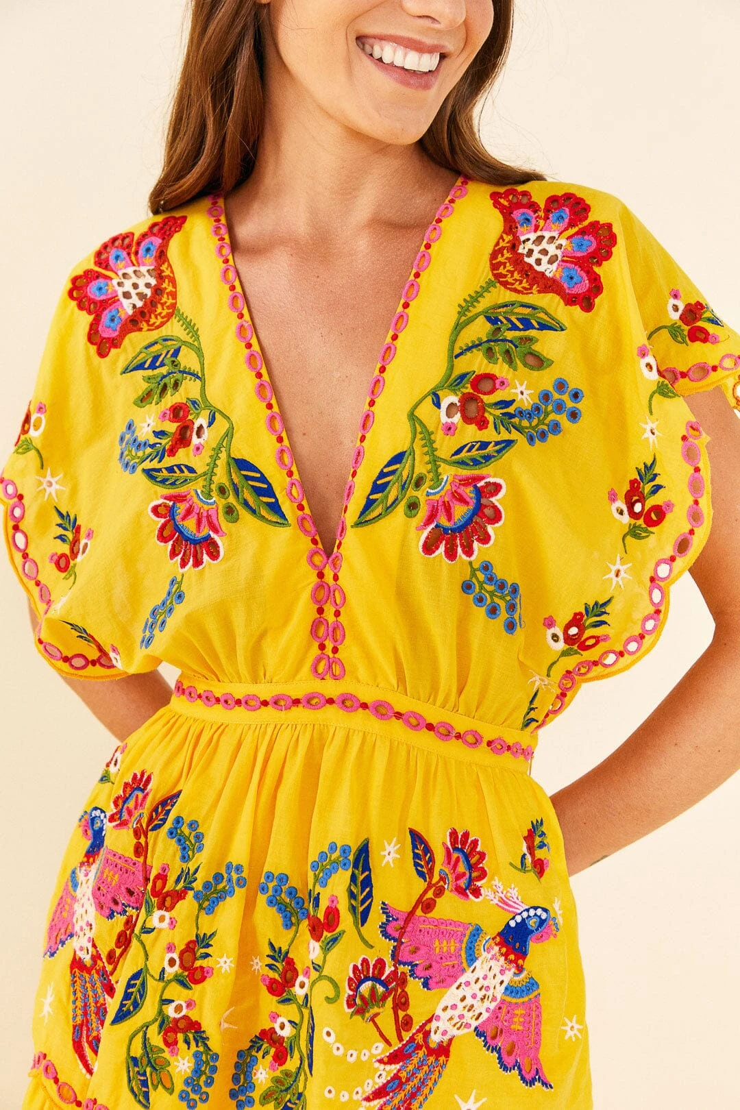 Farm Rio Yellow Embroidered Richelieu Midi Dress 2 Farm Rio Yellow Embroidered Richelieu Midi Dress - Image 2