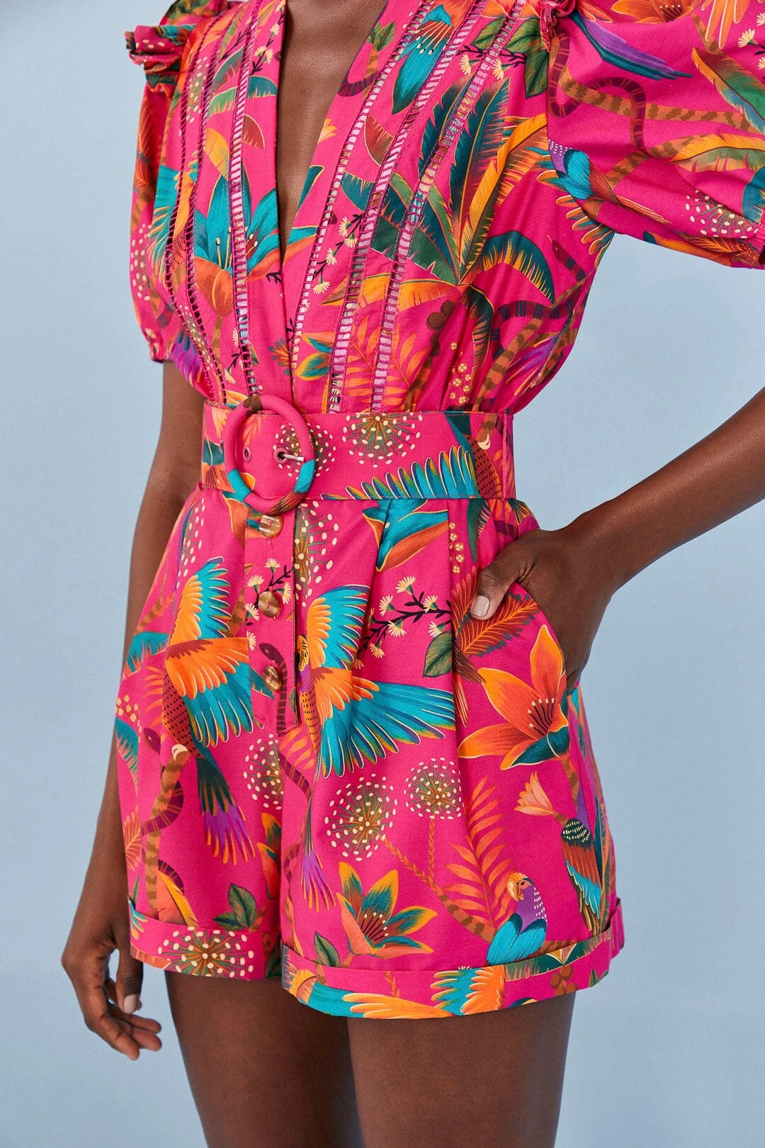 Farm Rio Pink Macaw Party Organic Cotton Romper 2 Farm Rio Pink Macaw Party Organic Cotton Romper - Image 2