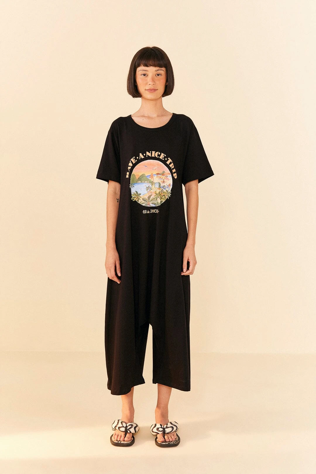 Farm Rio Black Have A Nice Trip Organic Cotton Jumpsuit 1 Farm Rio Black Have A Nice Trip Organic Cotton Jumpsuit