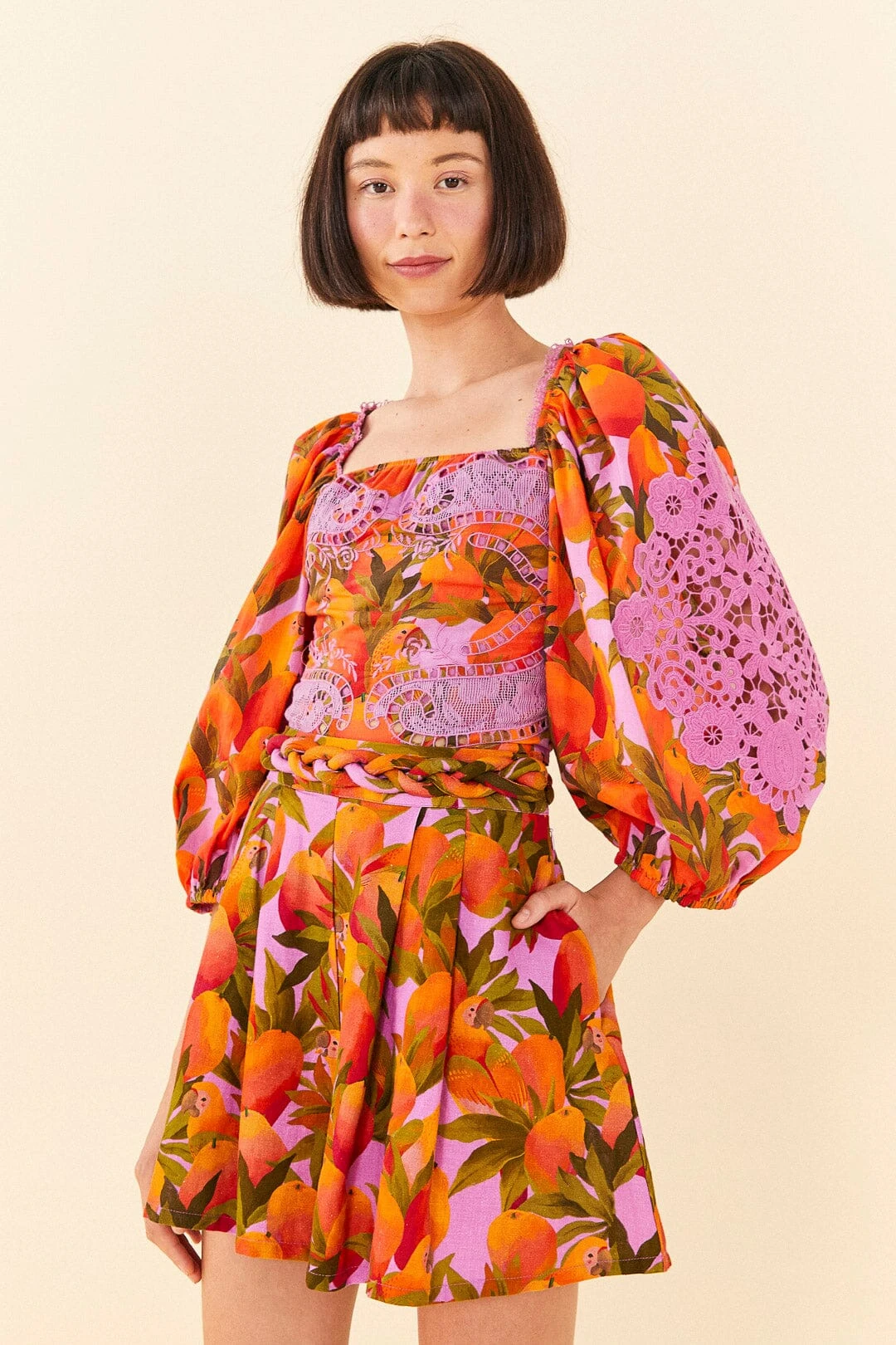 Farm Rio Lilac Mango Macaws Shorts 1 Farm Rio Lilac Mango Macaws Shorts