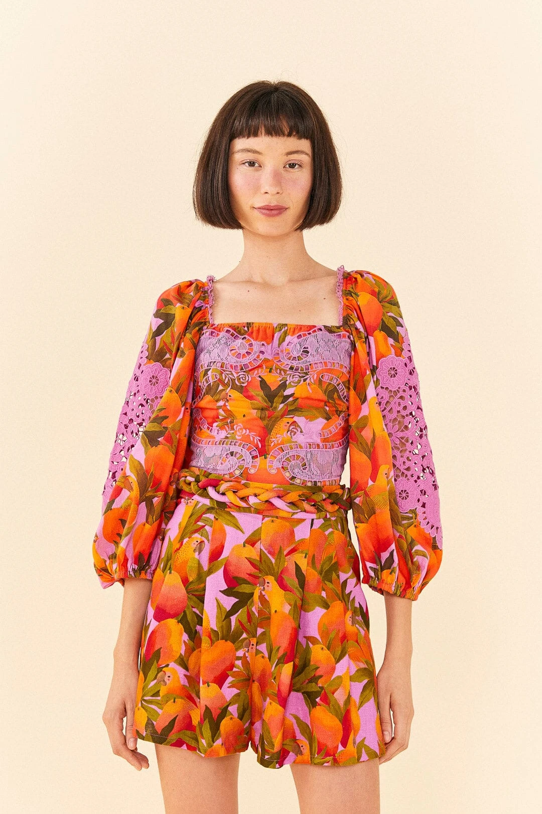 Farm Rio Lilac Mango Macaws Shorts 2 Farm Rio Lilac Mango Macaws Shorts - Image 2