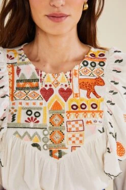 Farm Rio White Embroidered Fall Leaf Blouse -Colorful Wear Store 309103 05