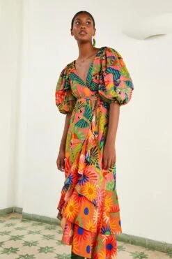 Farm Rio Coral Mixed Graphic Macaws Puff Sleeve Midi Dress -Colorful Wear Store 309162 03