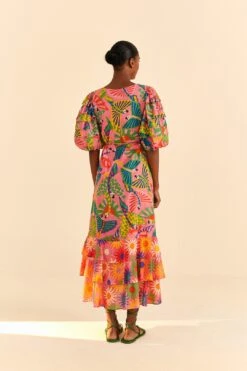 Farm Rio Coral Mixed Graphic Macaws Puff Sleeve Midi Dress -Colorful Wear Store 309162 04