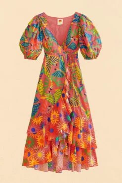 Farm Rio Coral Mixed Graphic Macaws Puff Sleeve Midi Dress -Colorful Wear Store 309162 05