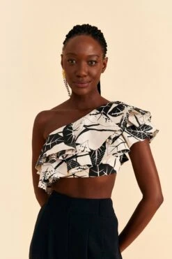 Farm Rio Off-White Graphic Leaves Organic Cotton Top