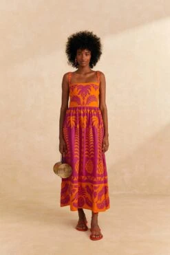 Farm Rio Orange Pineapple Love Cutwork Dress