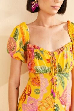Farm Rio Yellow Macaw Bloom Puff-Sleeve Midi Dress -Colorful Wear Store 309293 03