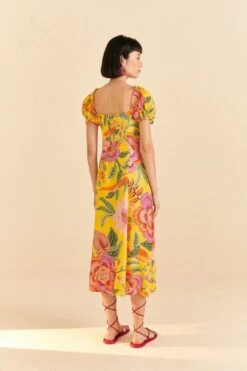 Farm Rio Yellow Macaw Bloom Puff-Sleeve Midi Dress -Colorful Wear Store 309293 04