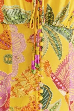 Farm Rio Yellow Macaw Bloom Puff-Sleeve Midi Dress -Colorful Wear Store 309293 05