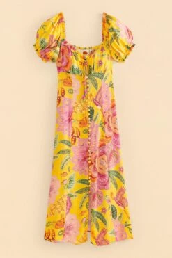 Farm Rio Yellow Macaw Bloom Puff-Sleeve Midi Dress -Colorful Wear Store 309293 06