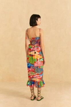 Farm Rio Red Striped Fishes Midi Dress -Colorful Wear Store 309299 04