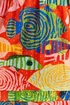 Farm Rio Red Striped Fishes Midi Dress -Colorful Wear Store 309299 05