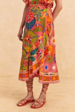 Farm Rio Coral Mixed Graphic Macaws Midi Skirt -Colorful Wear Store 309396 03