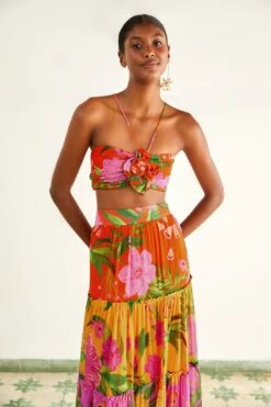 Farm Rio Orange Romantic Garden Crop Top
