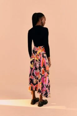 Farm Rio Black Enchanted Nature Lenzing™ Ecovero™ Viscose Midi Skirt -Colorful Wear Store 309464 04