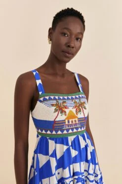 Farm Rio Mixed Pitta Colors Organic Cotton Embroidered Midi Dress -Colorful Wear Store 310673 05