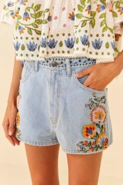 Farm Rio Summer Garden Embroidered Denim Shorts -Colorful Wear Store 311873 03