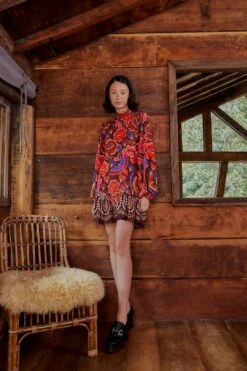 Farm Rio Brown Bright Flora Long Sleeve Mini Dress -Colorful Wear Store 311972 03