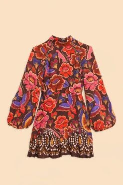 Farm Rio Brown Bright Flora Long Sleeve Mini Dress -Colorful Wear Store 311972 07