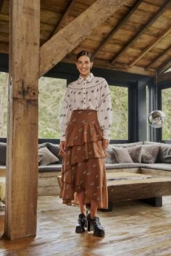 Farm Rio Caramel Embroidered Horses Layered Maxi Skirt