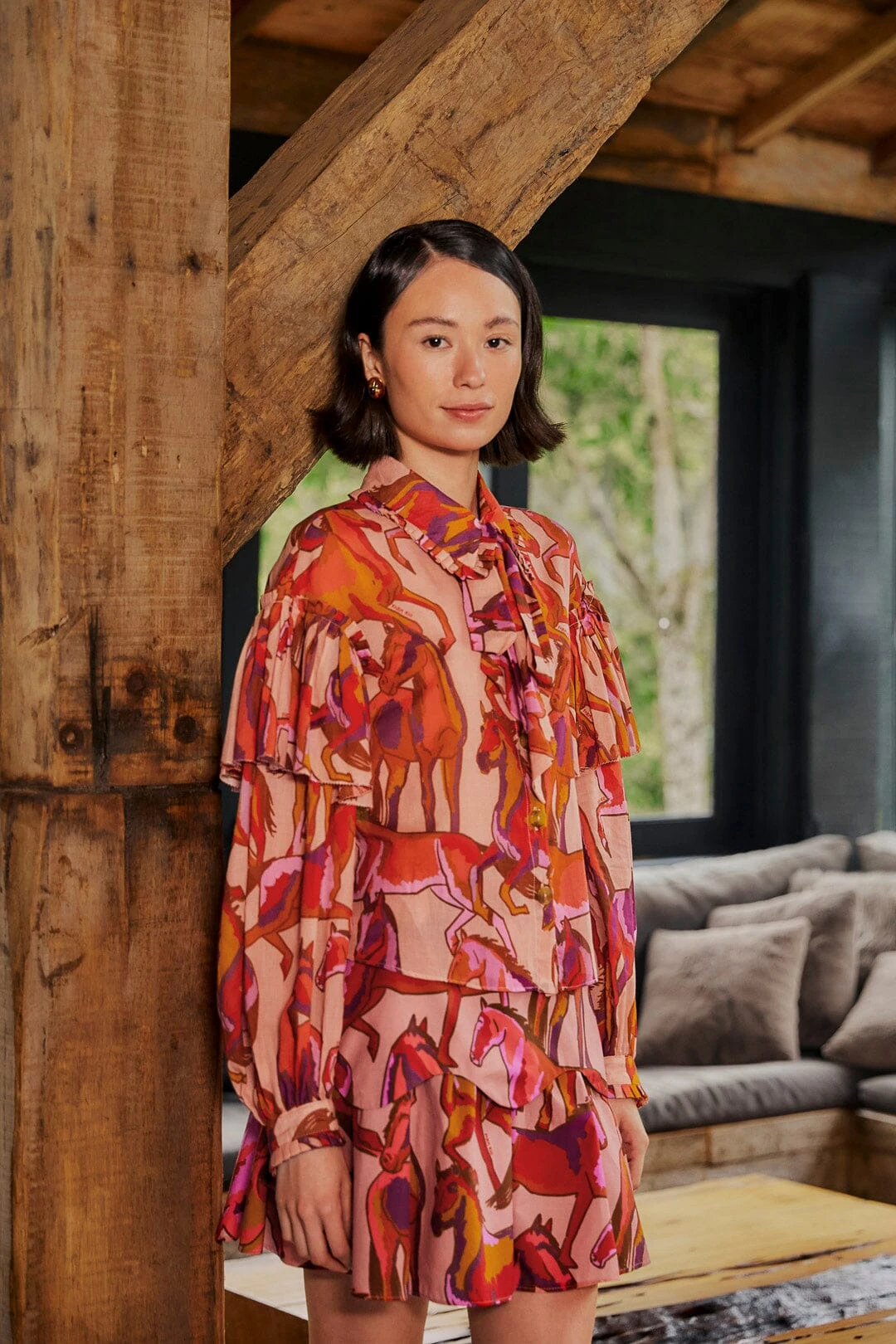 Farm Rio Rose Wild Horses Tiered Mini Skirt 1 Farm Rio Rose Wild Horses Tiered Mini Skirt