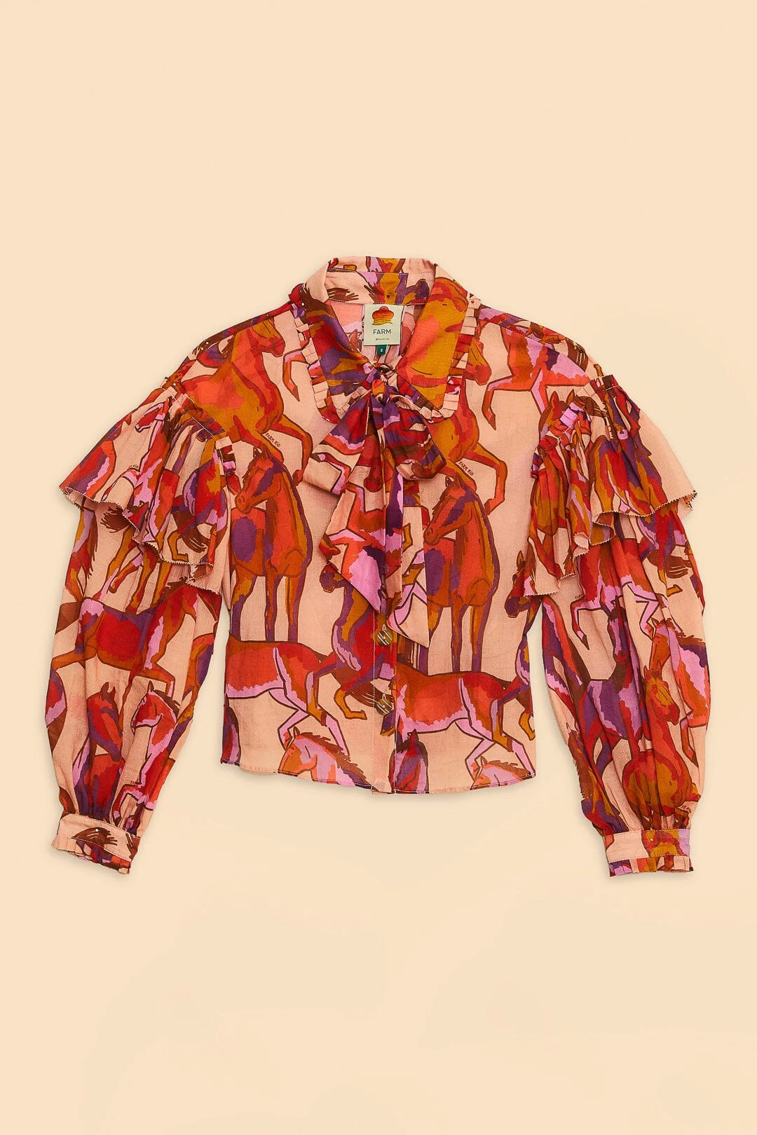 Farm Rio Rose Wild Horses Bow Neck Tie Blouse 6 Farm Rio Rose Wild Horses Bow Neck Tie Blouse - Image 6