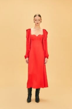 Farm Rio Red Heart Shaped Neckline Long Sleeve Midi Dress -Colorful Wear Store 312027 04