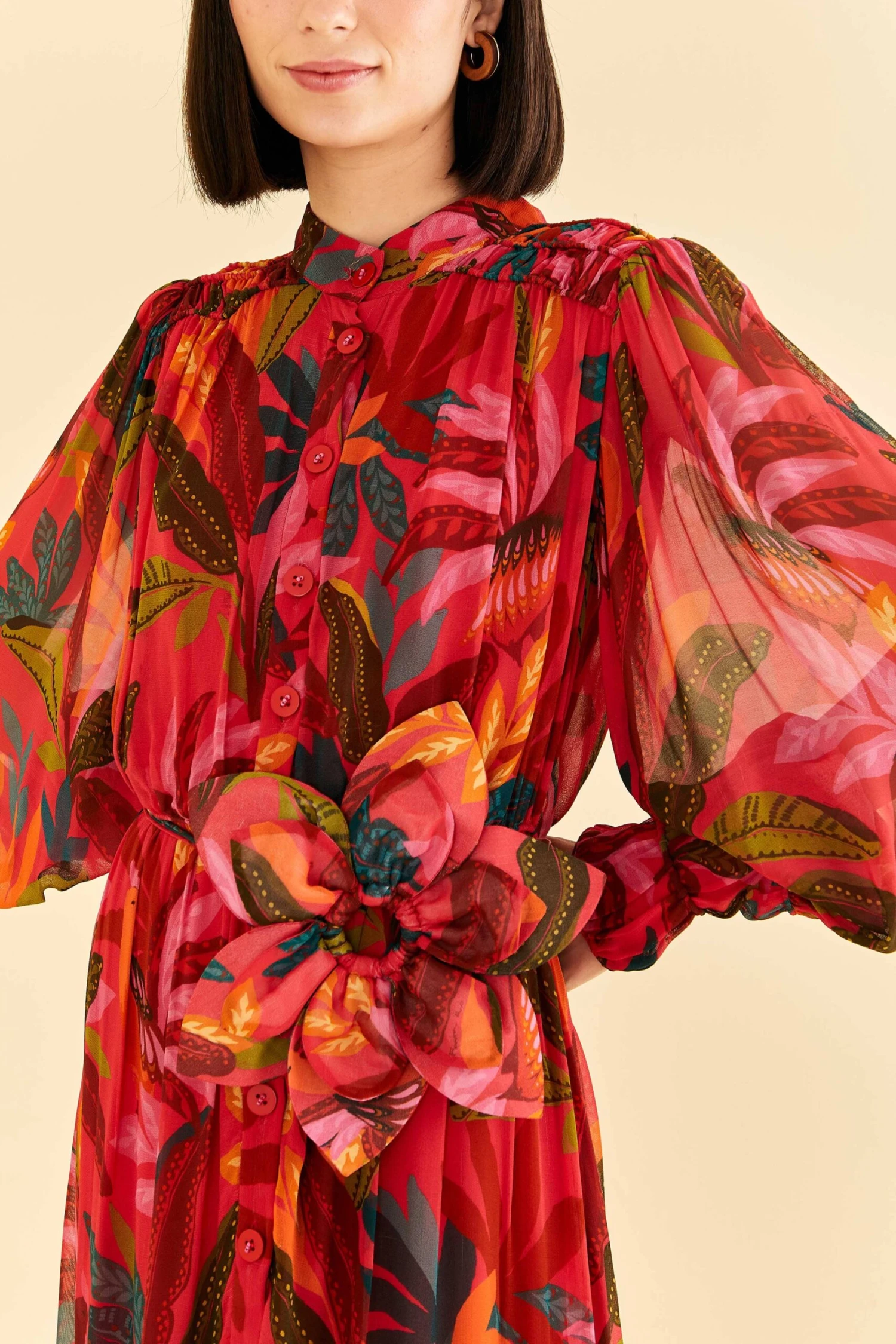 Farm Rio Red Rooster Leaves Long Sleeve Maxi Dress 2 Farm Rio Red Rooster Leaves Long Sleeve Maxi Dress - Image 2